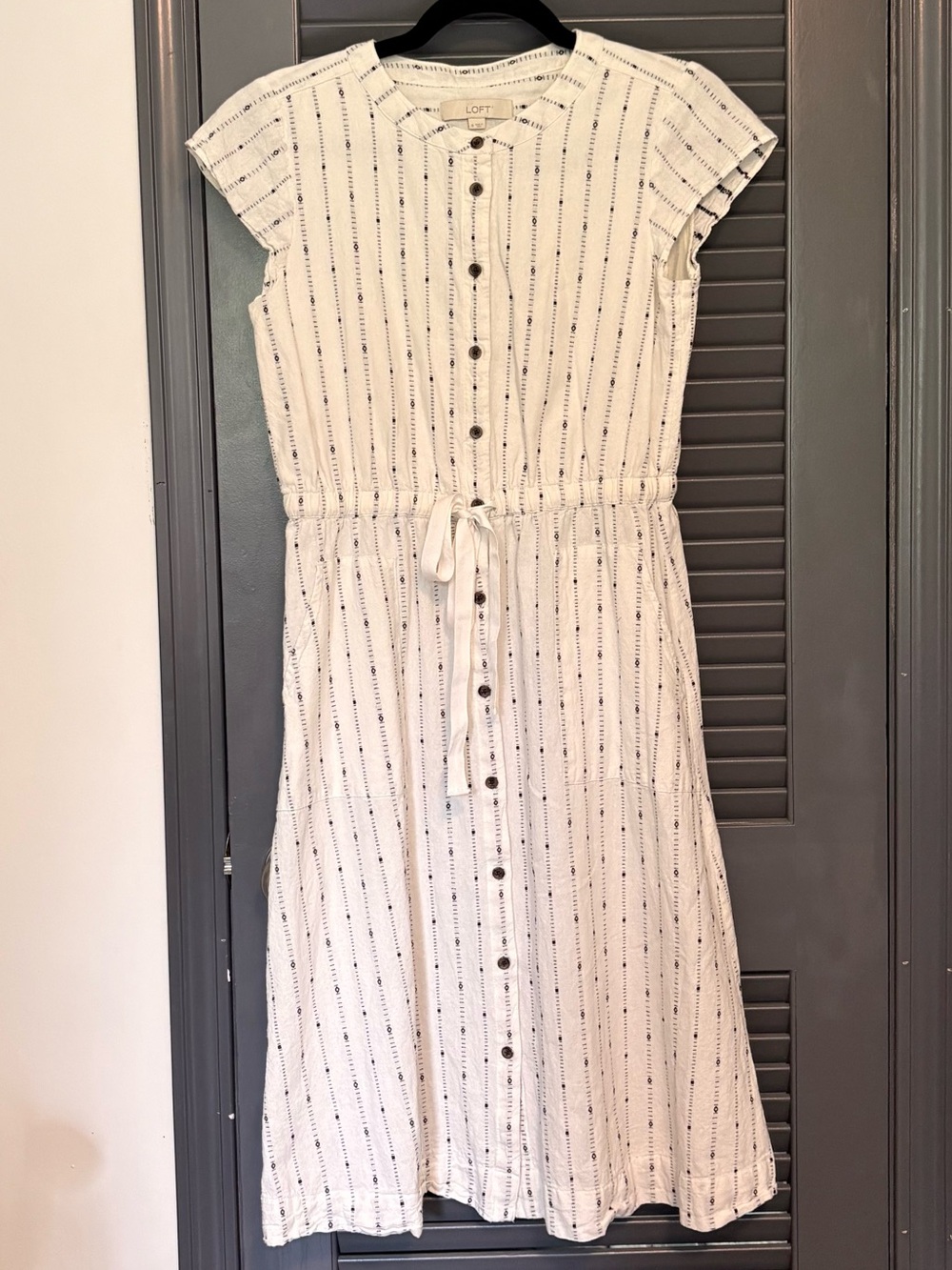 LOFT Ivory Midi Dress with Navy Stripe